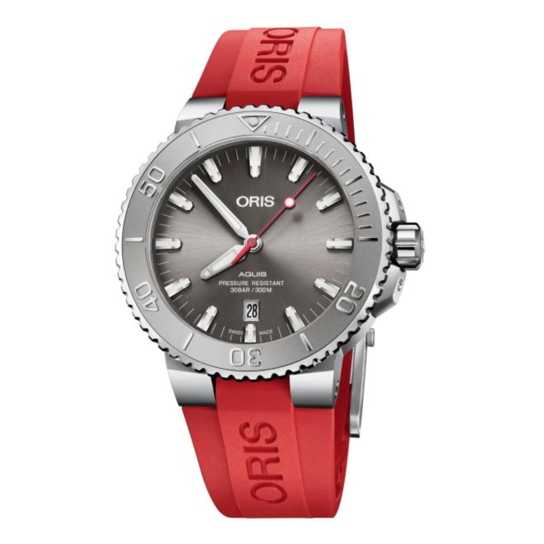 Oris Aquis Date Relief with Red Rubber Strap Lee Michaels Fine